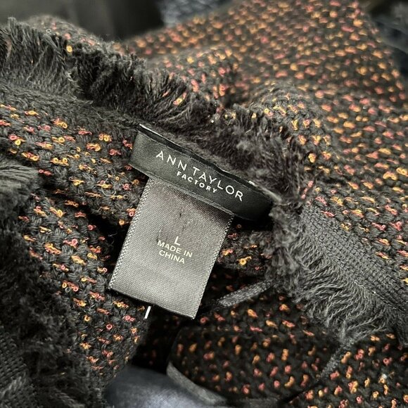 Ann Taylor Cardigan Sweater Orange Pink Black Open Fringe Knit Large - Picture 5 of 6